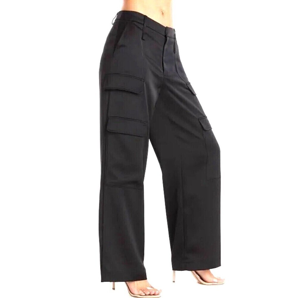 Noli MILAN SATIN CARGO PANT luxury mid rise side pockets women Black Size 2
